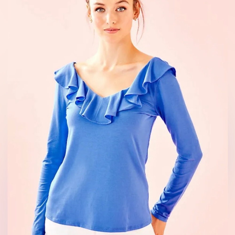 Lilly Pulitzer Alessa Top Ruffle Long Sleeve Pima Modal Coastal Blue Size XL